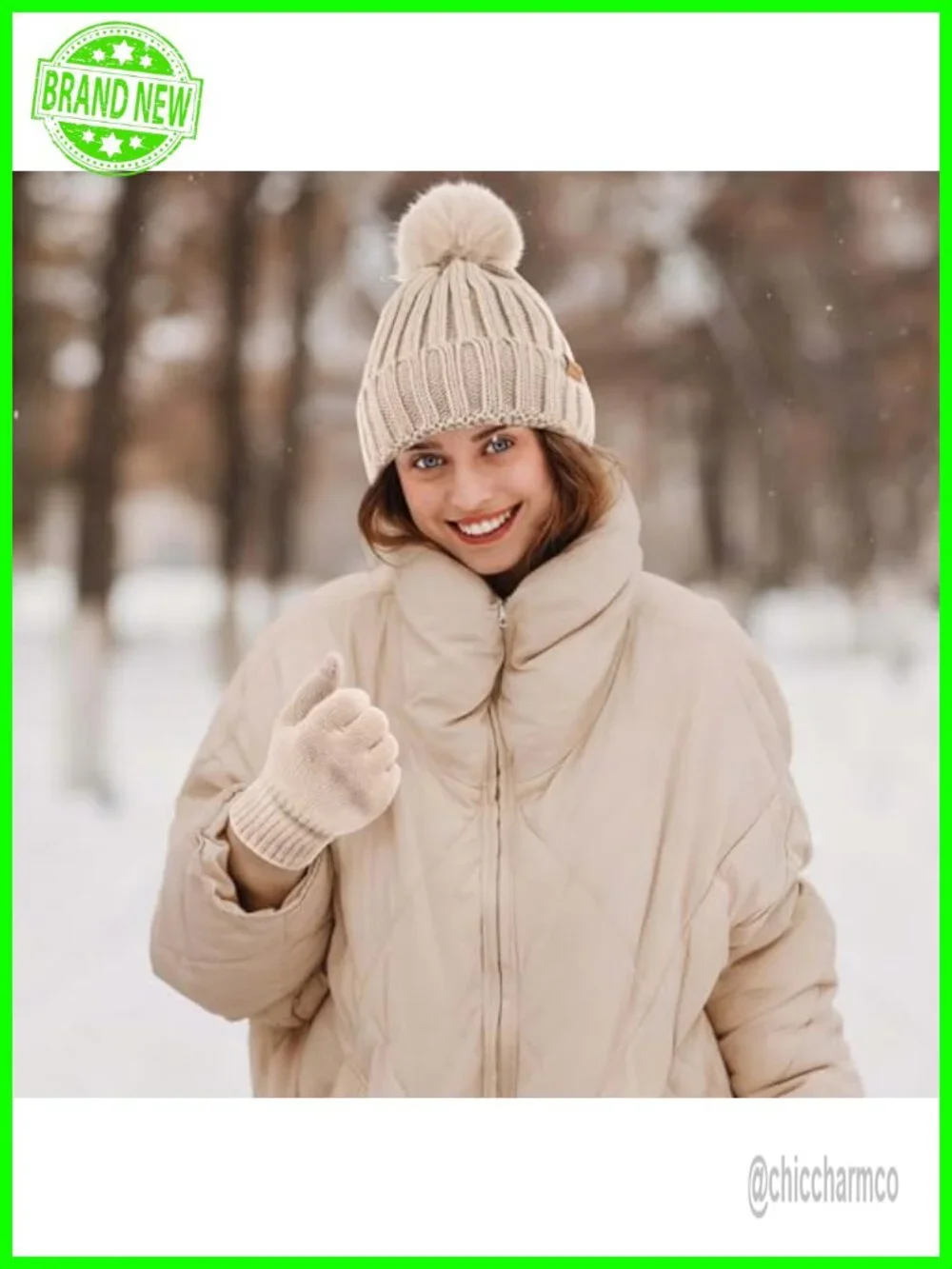 Winter Beanie Hat Gloves Set Fleece Lined PomPom Touchscreen Gloves